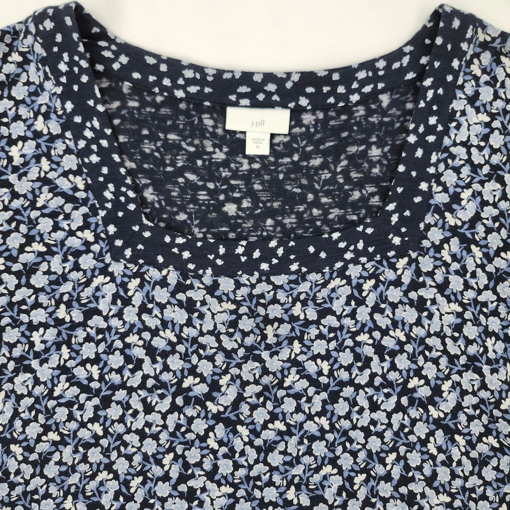 J. Jill Womens Blue Floral Square Neck Top XL Coastal Cottage Prairie Country